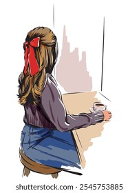 Hand made drawing. Young woman with red bow in hair