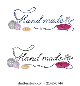 Hand made dress symbol. Needle and thread icon. Sewing sign. Needlework symbol button.