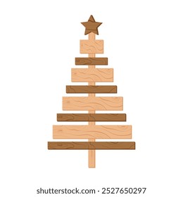 Hand made eco friendly Christmas tree from wooden planks. Winter Christmas holidays symbol. Ecological seasonal decoration plastic free. Vector Pine Fir Spruce isolated on white. Design element