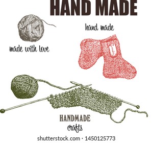 Hand made of ecological textile vector illustration. Knitting from wool or cannabis yarn and threads. Eco concept of hand made textile.