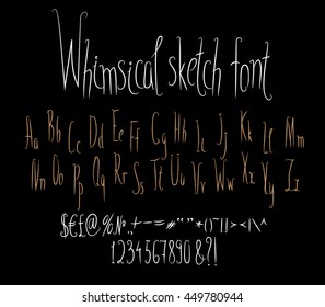 Hand made english alphabet collection. Narrow letters, whimsical style. Vector set, letters in upper and lower case, numbers, symbols, sighs. 