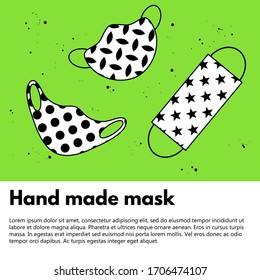 Hand made face masks, poster. Black and white face masks with abstract patterns on a bright background. Prevention of viral respiratory diseases.Banner with space for text.Vector illustration.