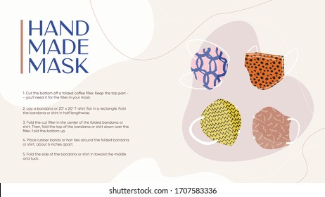 Handgefertigte Gesichtsmasken, Poster, Landeeite. Abstrakte Muster. Corona-Virus. Covid 19. Vorbeugung von viralen Atemwegserkrankungen. Banner mit Platz für Text. Vektorillustration. DIY. Wie man das macht. 