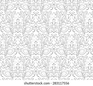 Hand made floral ornament pattern with different petals, flowers, and heart shapes. Vector 