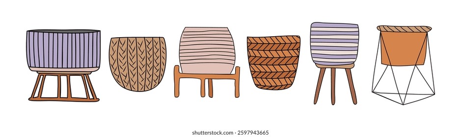 Hand made flower pots and planters. Wooden, metal interior design objects in boho style. Outline sketch colored vector drawing isolated on white background