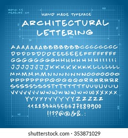 Hand Made Font 'Architectural Lettering' Custom handwritten alphabet. Original Letters and Numbers. Vintage retro casual textured hand drawn typeface Vector illustration. Clean Version