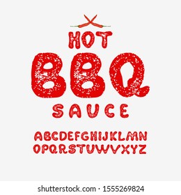 Hand Made Font 'BBQ sauce'. Custom handwritten alphabet. Retro textured hand drawn typeface with grunge effect. Vector illustration. Letters and Numbers. Original Design.