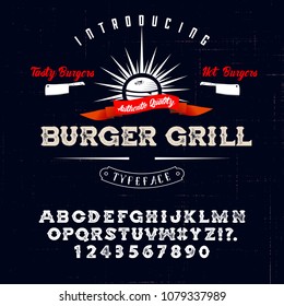 Hand Made Font 'Burger Grill'. Custom handwritten alphabet. Retro textured hand drawn typeface with grunge effect. Vector illustration. Letters and Numbers. Original Design. Serif Font.