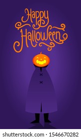 Hand Made Font Happy Halloween.  Pumpkin Head Man Poster. Vectoral Flat Design Illustration.
