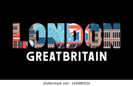 Hand made font, inscripton with london landmarks, cityscape.