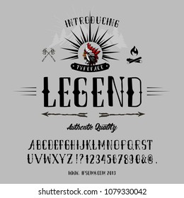 Hand Made Font 'Legend'. Custom handwritten alphabet. Retro textured hand drawn typeface. Vector illustration. Letters and Numbers. Original Design. Indian logo.