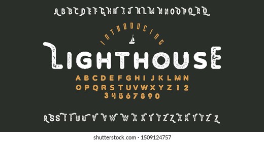 Hand Made Font  "Lighthouse". Custom handwritten alphabet. Original Letters and Numbers. Vintage retro hand drawn typeface with grunge effect. Vector illustration.