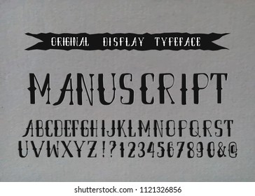 Hand Made Font 'Manuscript'. Custom handwritten alphabet. Retro textured hand drawn typeface. Vector illustration. Letters and Numbers. Original Design. 