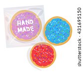 Hand made Frosted sugar cookies, Set Italian Freshly baked cookies  in transparent plastic package with pink violet blue frosting and colorful sprinkles. Bright colors on white background. Vector