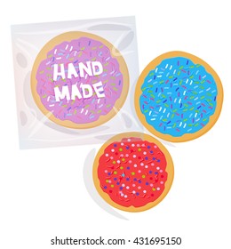 Hand Made Frosted Sugar Cookies, Set Italian Freshly Baked Cookies  In Transparent Plastic Package With Pink Violet Blue Frosting And Colorful Sprinkles. Bright Colors On White Background. Vector