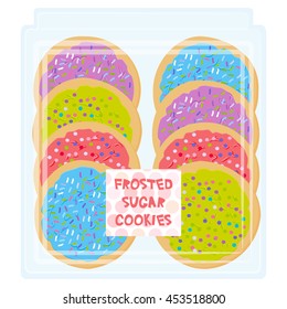 Hand made Frosted sugar Italian Freshly baked cookie with pink violet blue green frosting and sprinkles, Freshly baked in transparent plastic box package on white background. Bright colors. Vector 