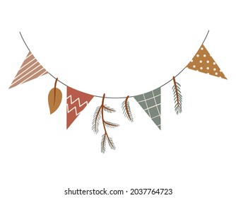 Hand made garland with pine tree branches and pieces of fabric. Winter and autumn cozy home decoration. Christmas rustic interior design element. Hand drawn vector illustration