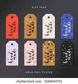 Hand made gift tags, collection of craft card designs, ready-to-use with abstract illustrations and handwritten lettering. Vector template with gold foil design.