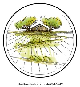 Hand made green landscape with trees and house. Made in vintage style. Watercolor background.