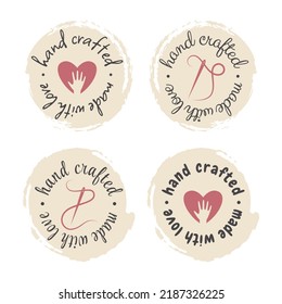 Hand made grunge circle label set. Handmade and crafted with love lettering stamp set, dry brush vector.