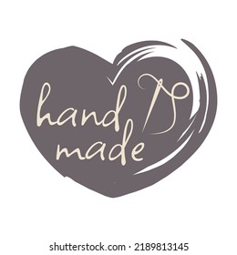 Hand made grunge heart label. Handmade with love lettering stamp, dry brush vector.