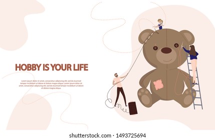 Hand Made Hobby Concept. Tiny People Characters Sew Huge Teddy Bear toy. Editable vector illustration