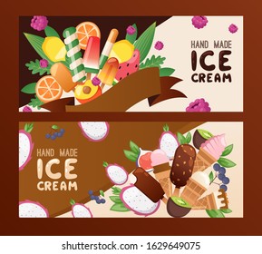 Hand made ice cream banner, vector illustration. Gelateria menu, frozen juice on popsicle, ice cream scoop in wafer cone, chocolate coating. Hand made gelato with fruit flavor, advertisement campaign