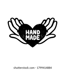 Hand made icon or logo. Vintage stamp icon with handmade lettering and hand image. Vintage vector illustration for banner and label design