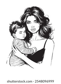 Hand made illustration of beautiful mummy and baby