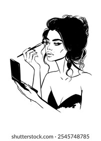 Hand made illustration Beautiful woman applying make up