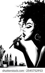 Hand made ink illustration of Beautiful black woman applying make up