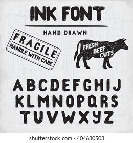 Hand Made Ink stamp font. Handwritten alphabet. Vintage retro textured hand drawn typeface with grunge effect, good for custom logo or emblem. Vector illustration. on retro paper background.