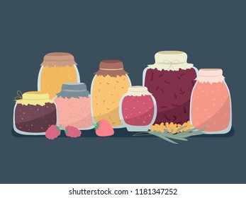 Hand made jam jars set. Glass jars of preserve stand on the shelf vector illustration. Homemade sweet berries and fruits marmalades background