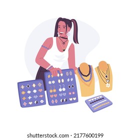 Hand hizo joyería aislada ilustraciones vectoriales de dibujos animados. Mujer vendiendo accesorios hechos a mano en el mercado, pequeñas empresas, ingresos personales, joyería vintage para la venta de dibujos animados vectores.