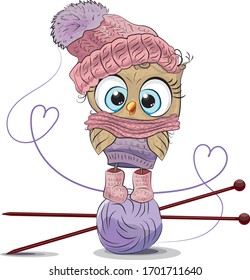 Hand made knitting. logo. A ball with knitting needles. Made with love. Cute owl cartoon. owl in winter knitted clothes. Knitting with yarn. Knitted clothing is hobby. bird in hat. Vector.