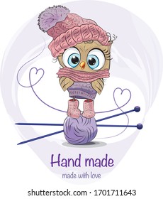 Hand made knitting. logo. A ball with knitting needles. Made with love. Cute owl cartoon. owl in winter knitted clothes. Knitting with yarn. Knitted clothing is hobby. bird in hat. Vector.