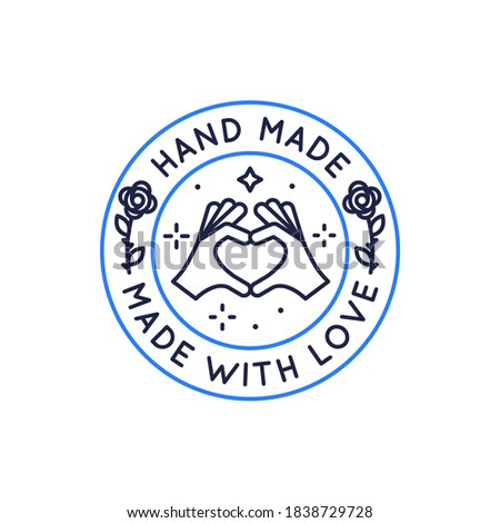 Hand made label, emblem, sticker. Handmade trendy linear label design. Handcrafted emblem template for products packaging, social media, charity. Vector illustration