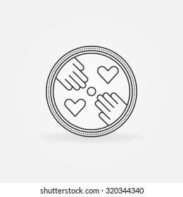 Hand made label or logo - vector outline round symbol with hands and hearts