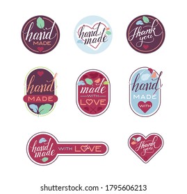 hand made label set" made with love " feather and heart