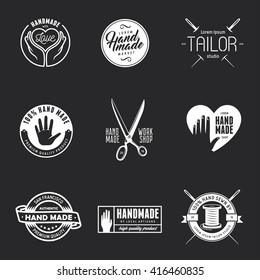 Hand Made Labels, Badges And Design Elements. Vector Vintage Illustration. Workshop Emblem. Taylor Studio Sign. Hand Made Shop Advertising.