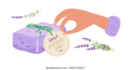 Hand made Lavender soap. Person hand holding lable on soap bar. Sale or gift of organic lavender soap. Vector flat Illustration for small business. Herbal body care. For natural organic spa products