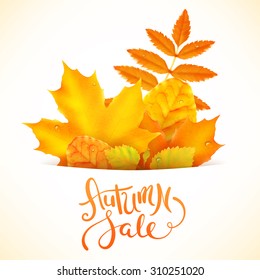 Hand made lettering Autumn sale with bright leaves
