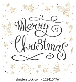 Hand made lettering phrase "Merry Christmas" decorated with golden festive elements. Hand-drawn calligraphy design card template. Isolated on white background. Holiday Vector Illustration.
