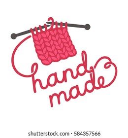 Hand made lettering written with knitting thread. Craft products store logo design. Hand drawn vector illustration.