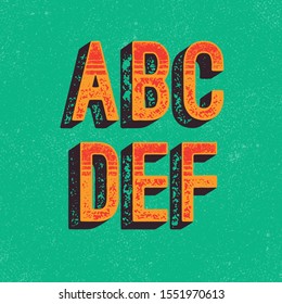 Hand Made Letterpressed Font in retro style. Vintage textured grunge alphabet with scratches. Vector illustration