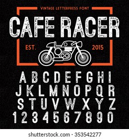 Hand Made Letterpressed Font in retro style. Vintage textured grunge alphabet with scratches. Vector illustration with cafe racer bike
