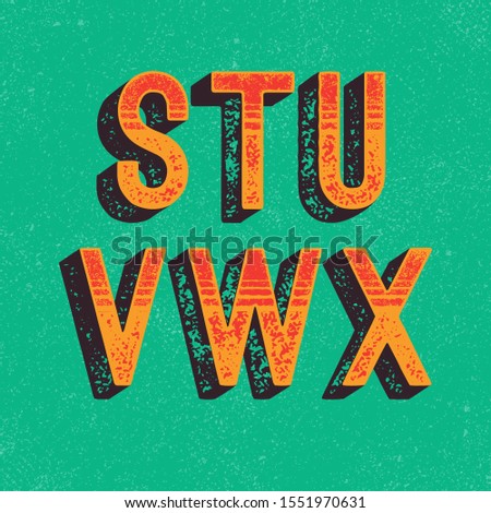 Hand Made Letterpressed Font in retro style. Vintage textured grunge alphabet with scratches. Vector illustration