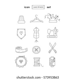 Hand made line icon set. Hobby tools emblems collection. 