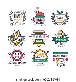 Hand made logo, knitting and tailor set of labels vector Illustrations