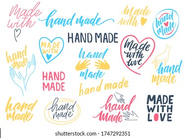 Hand made logo. Made with love. Big Hand-drawn lettering set. Stylish logos for your product, shop,  brand. Modern lettering design for poster, t shirt print, post card. skin care. Vector illustration